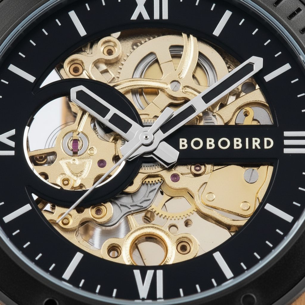 Close-up of a Bobo Bird watch with visible mechanical components and black dial.