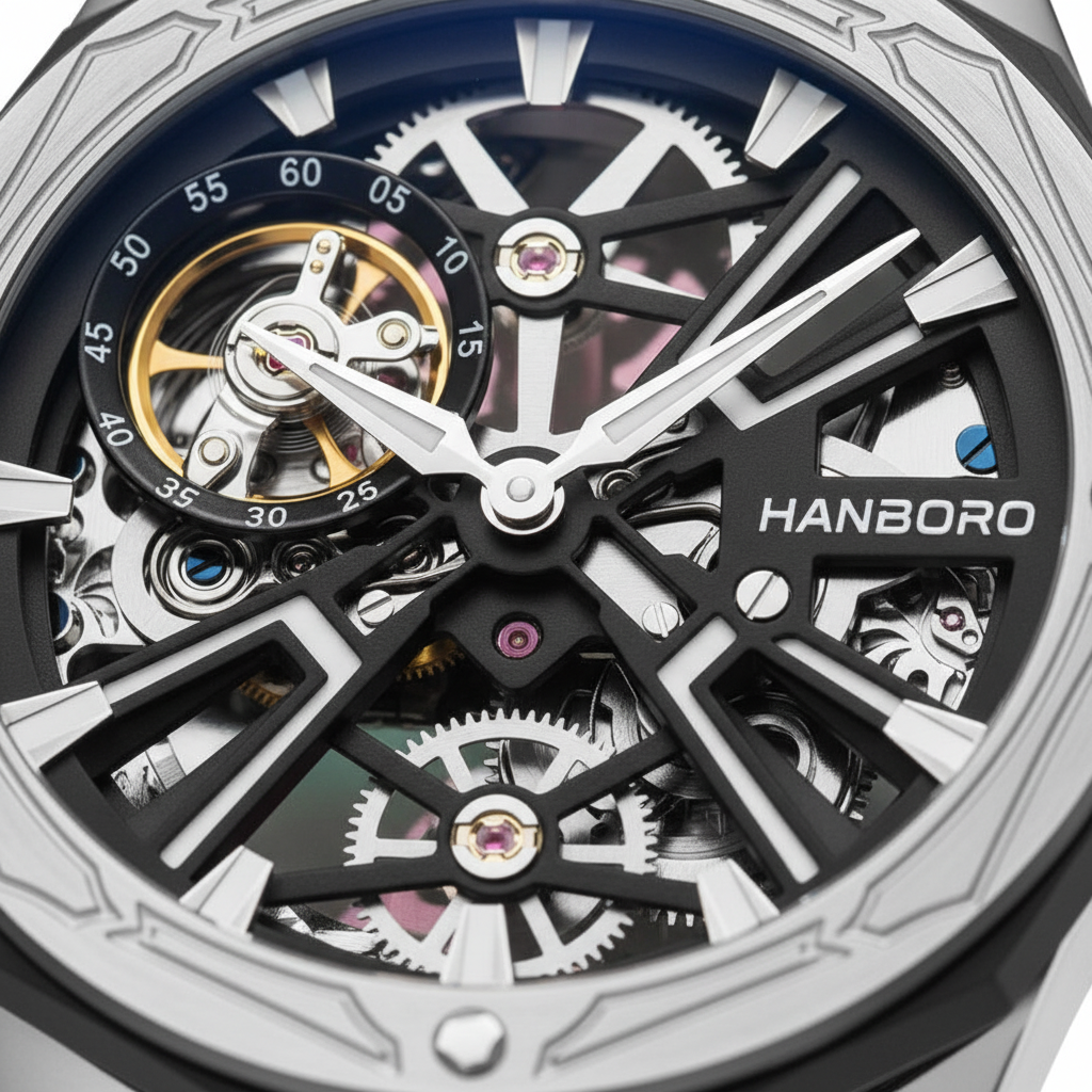 Close-up of a Hanborough watch with intricate mechanical design