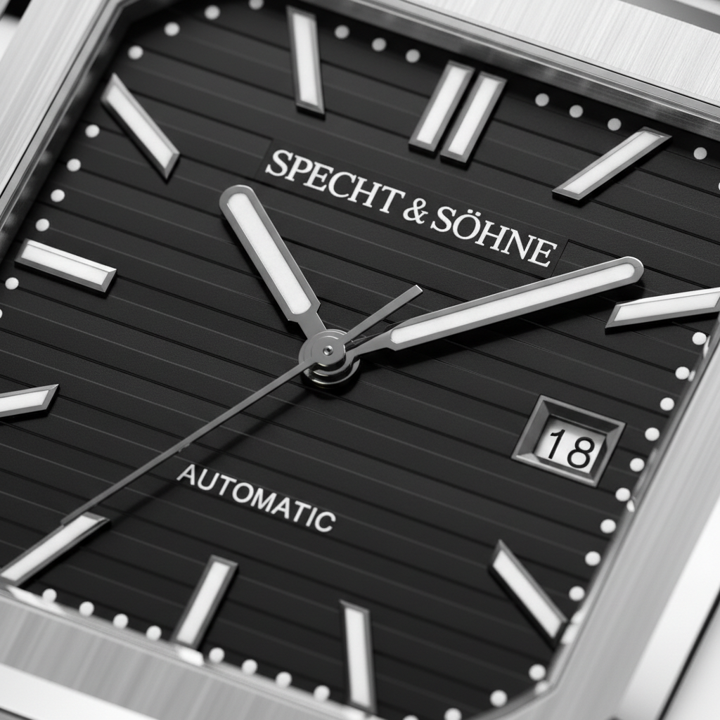 Close-up of a Specht & SÖhne watch with black face and silver accents.