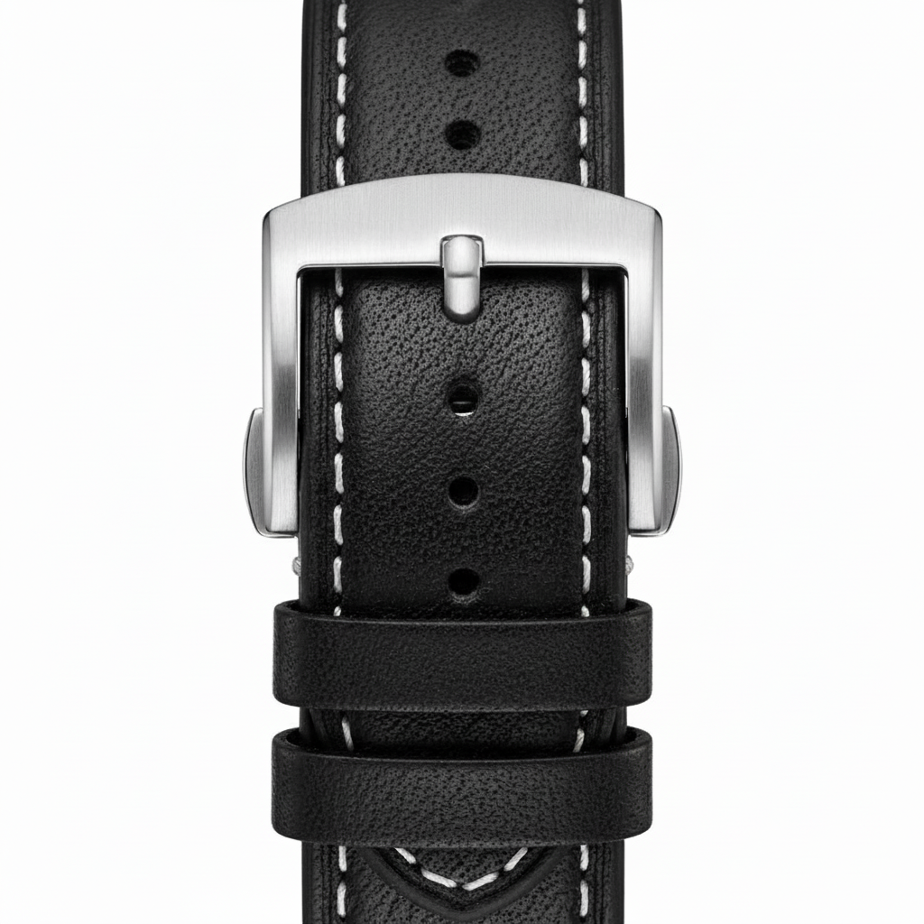 Close-up of a black leather watch strap with a silver buckle on a white background