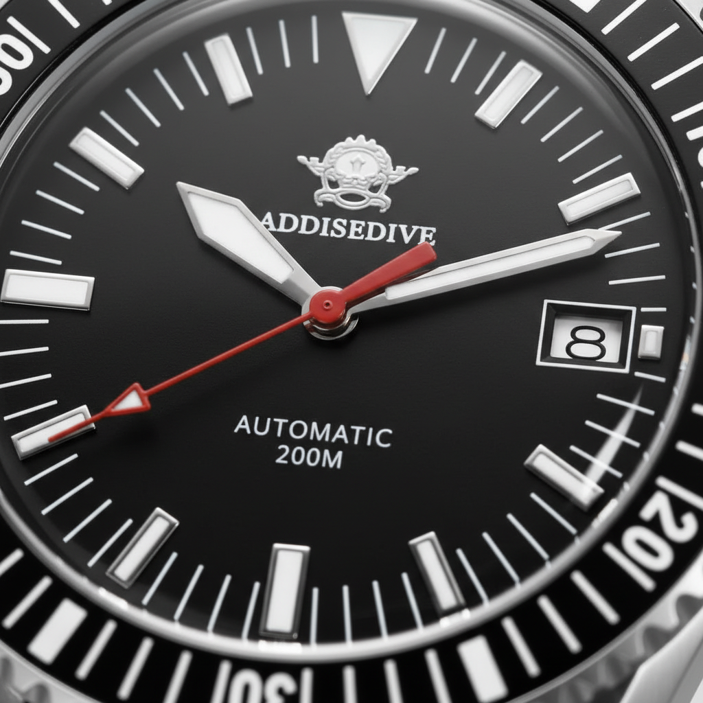 Close-up of a black watch face with white markings and red accents, featuring the brand 'Addisedive'.
