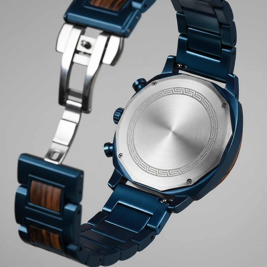 Close-up of a blue and silver watch with intricate design on a gray background