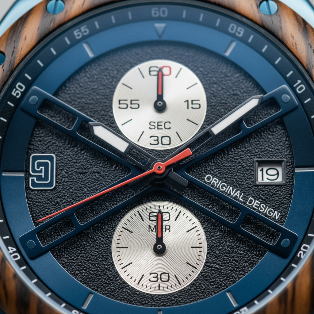 Close-up of a detailed wristwatch with wooden band and blue face.