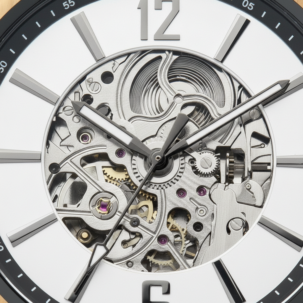 Close-up of a mechanical watch face with intricate gears and components.