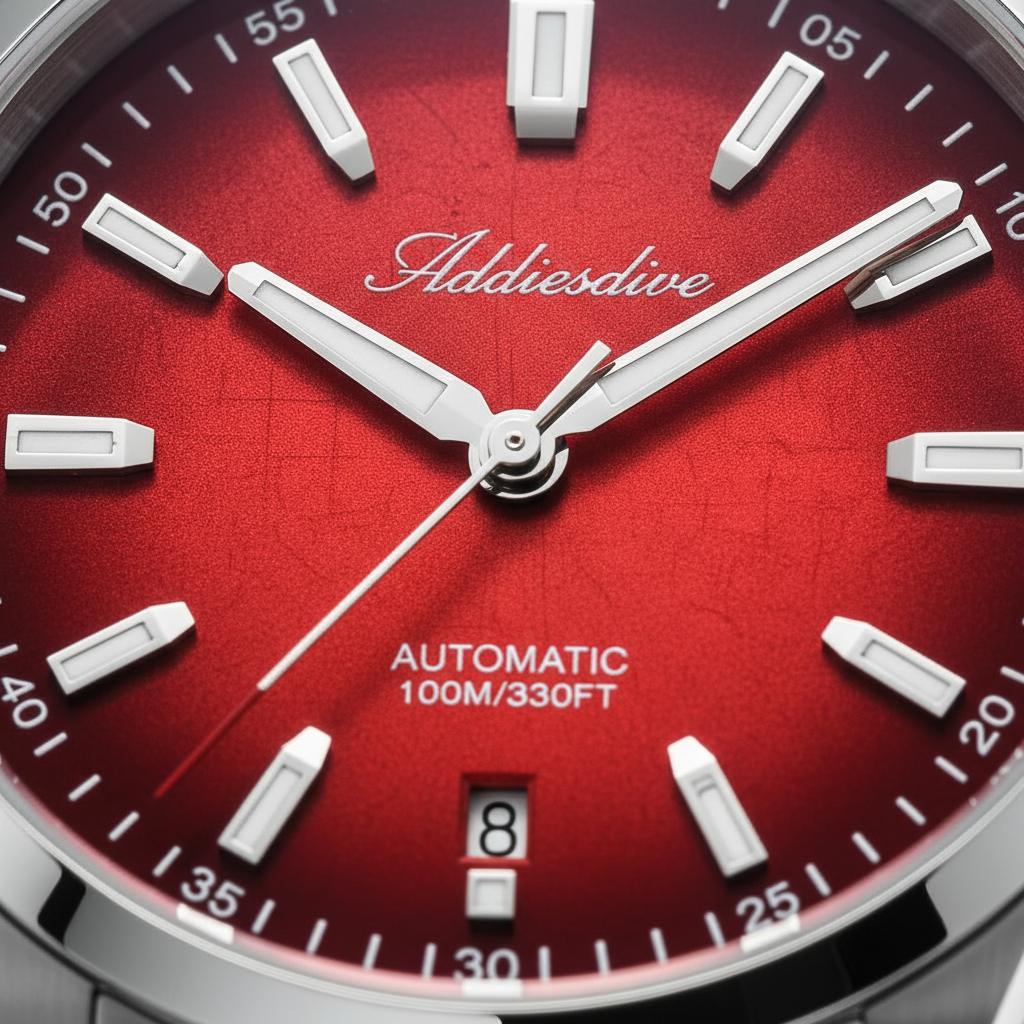 Close-up of a red watch face with 'Addiesdive' branding and automatic movement details.