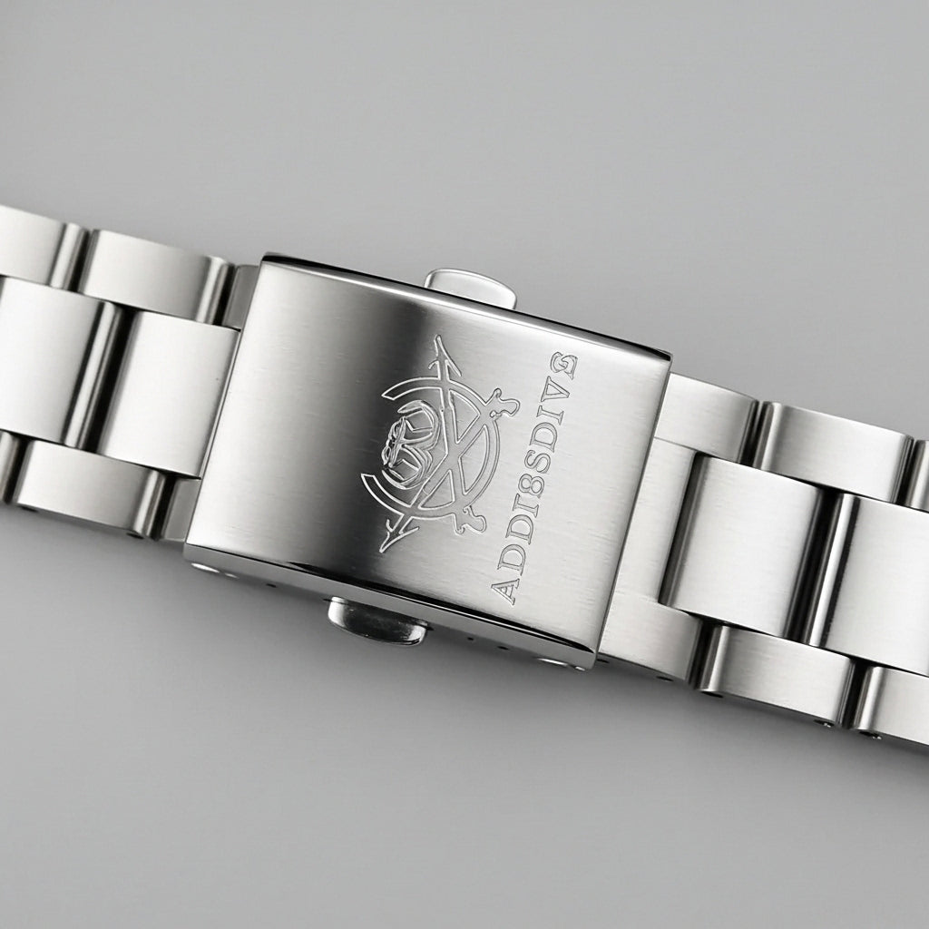 Close-up of a silver watch band with 'ADDIESDVE' branding on a gray background
