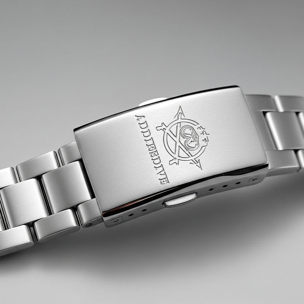 Close-up of a silver watch band with an engraved logo on a gray background