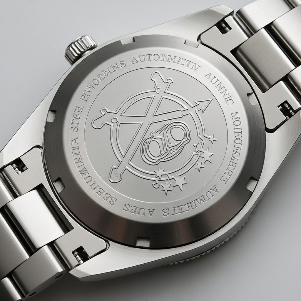 Close-up of a silver watch case with engraved design on a gray background