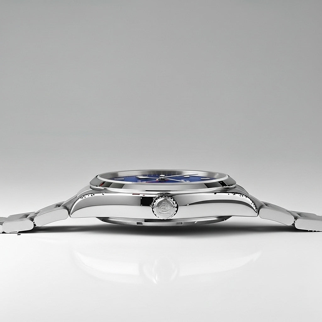 Close-up of a silver watch with a blue face on a lighat gray background