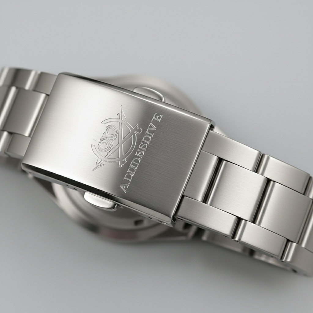 Close-up of a silver watch with brand engraving on a light gray background