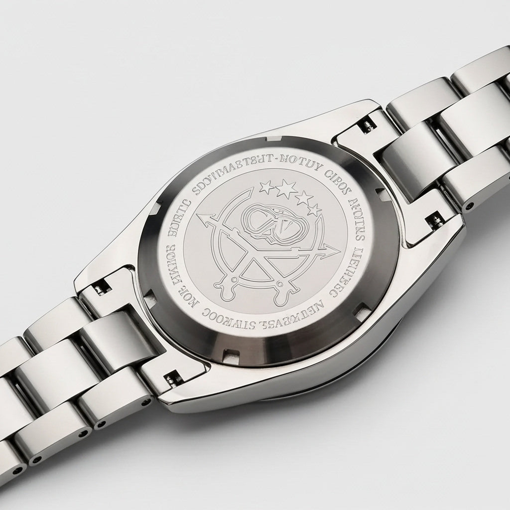 Close-up of a silver watch with engraved design on a light gray background