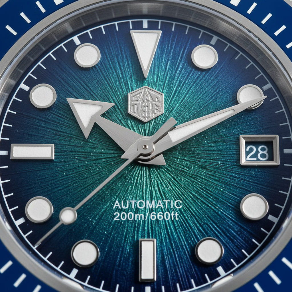 Close-up of a watch face with blue and silver design