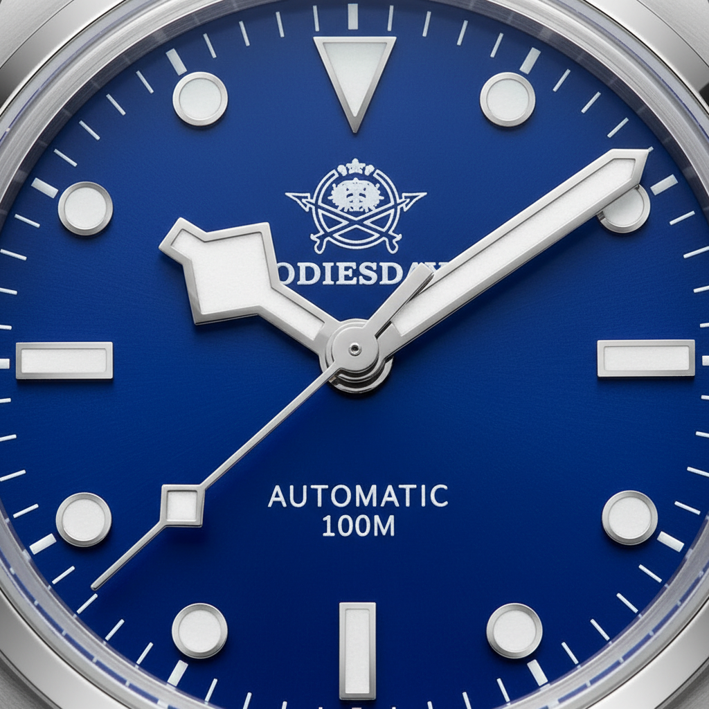 Close-up of a watch face with blue dial and brand logo, featuring the text 'ODIESD'.