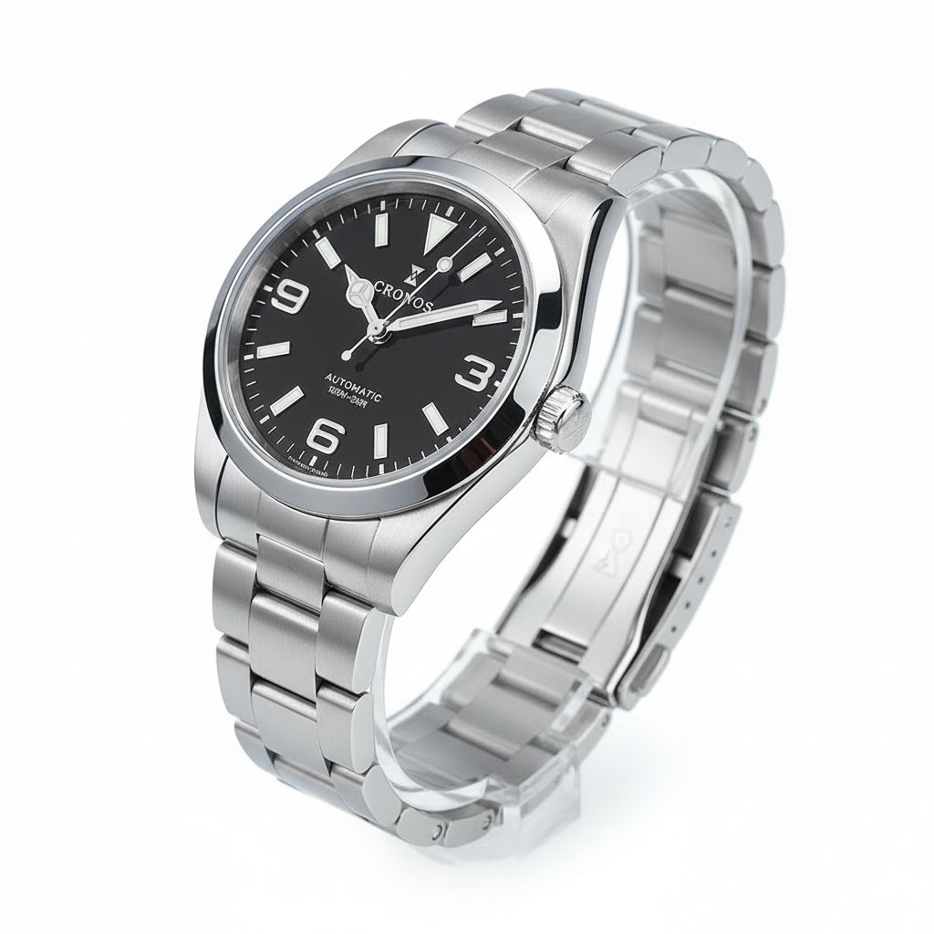 Cronos L6019 - Men's cron - black dial, steel bracelet three quarter view
