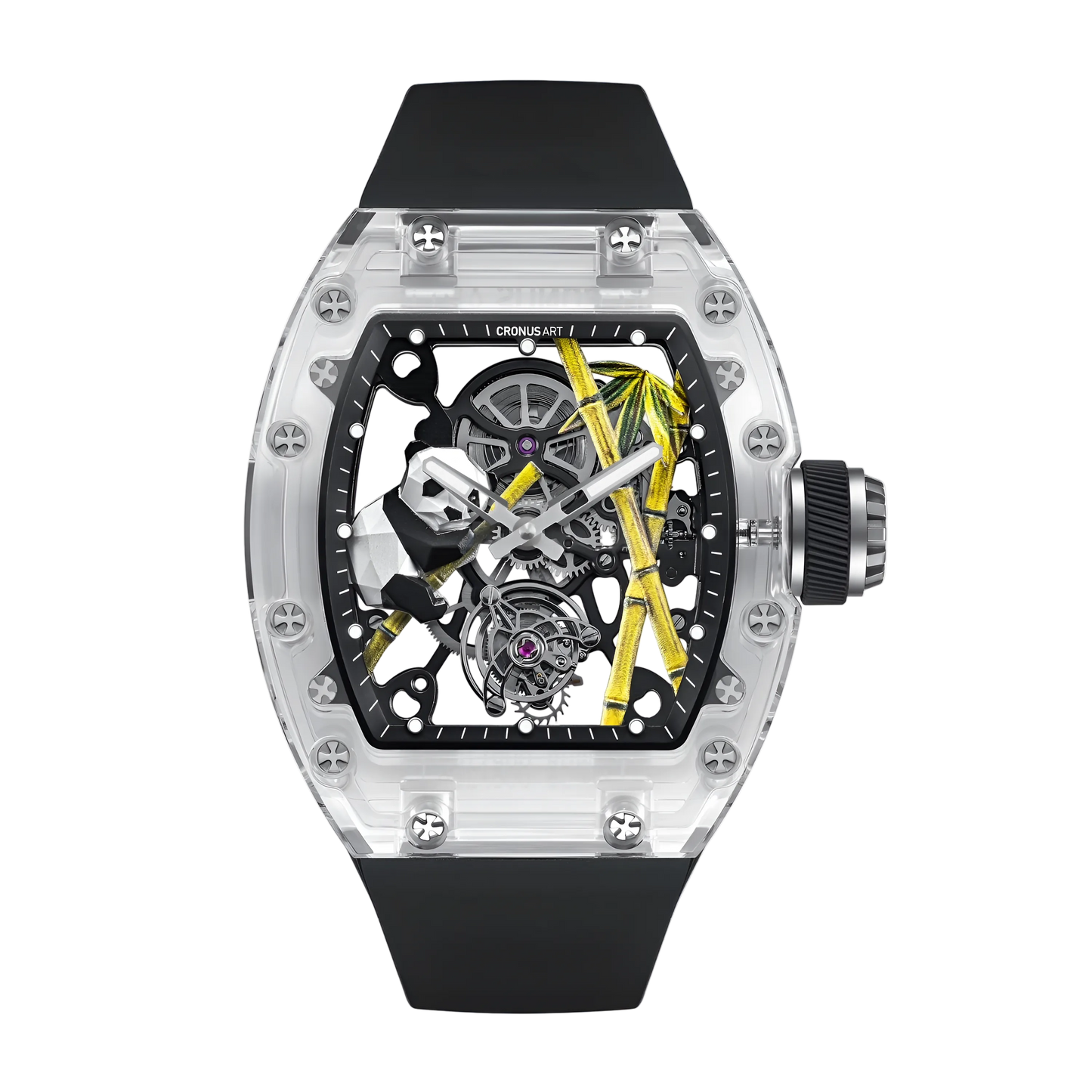 Cronusart CM08 030 Panda sapphire tourbillon watch front view with transparent sapphire case and black fluororubber strap