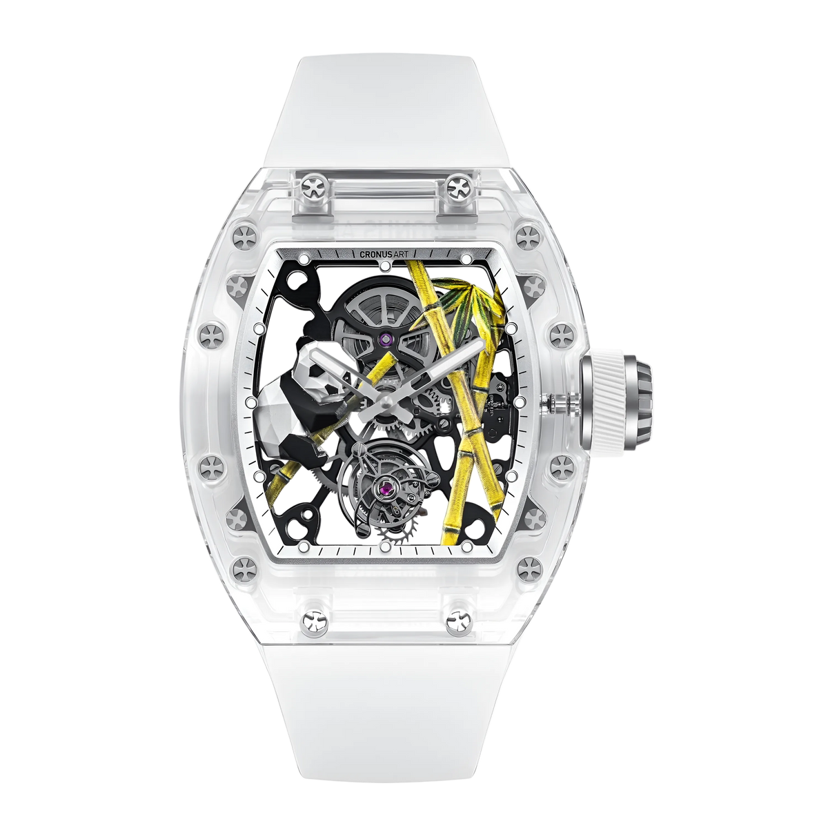 Cronusart CM08 030 Panda sapphire tourbillon watch front view with transparent sapphire case and black fluororubber strap