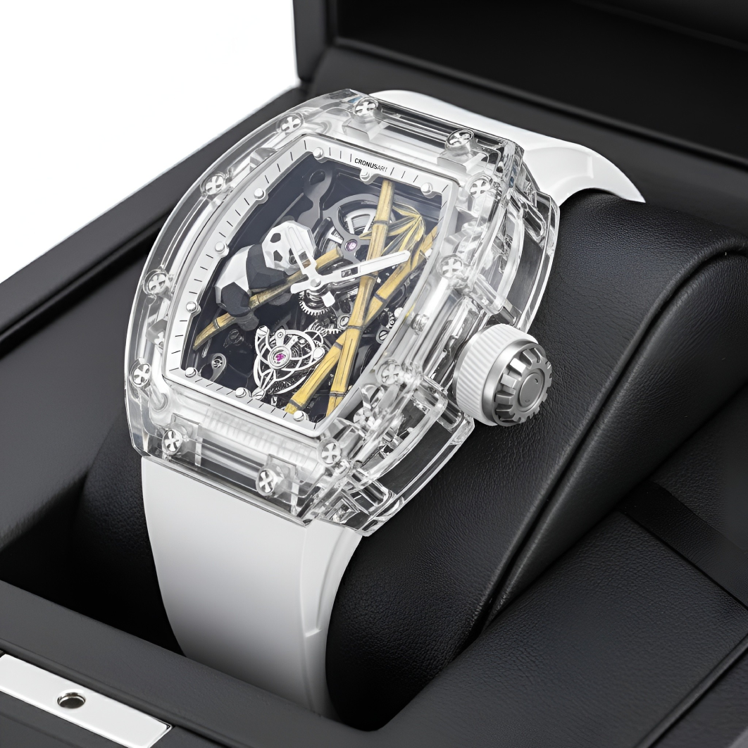 Cronusart CM08 030 Panda sapphire tourbillon watch in luxury box on cushion with transparent sapphire case and white strap