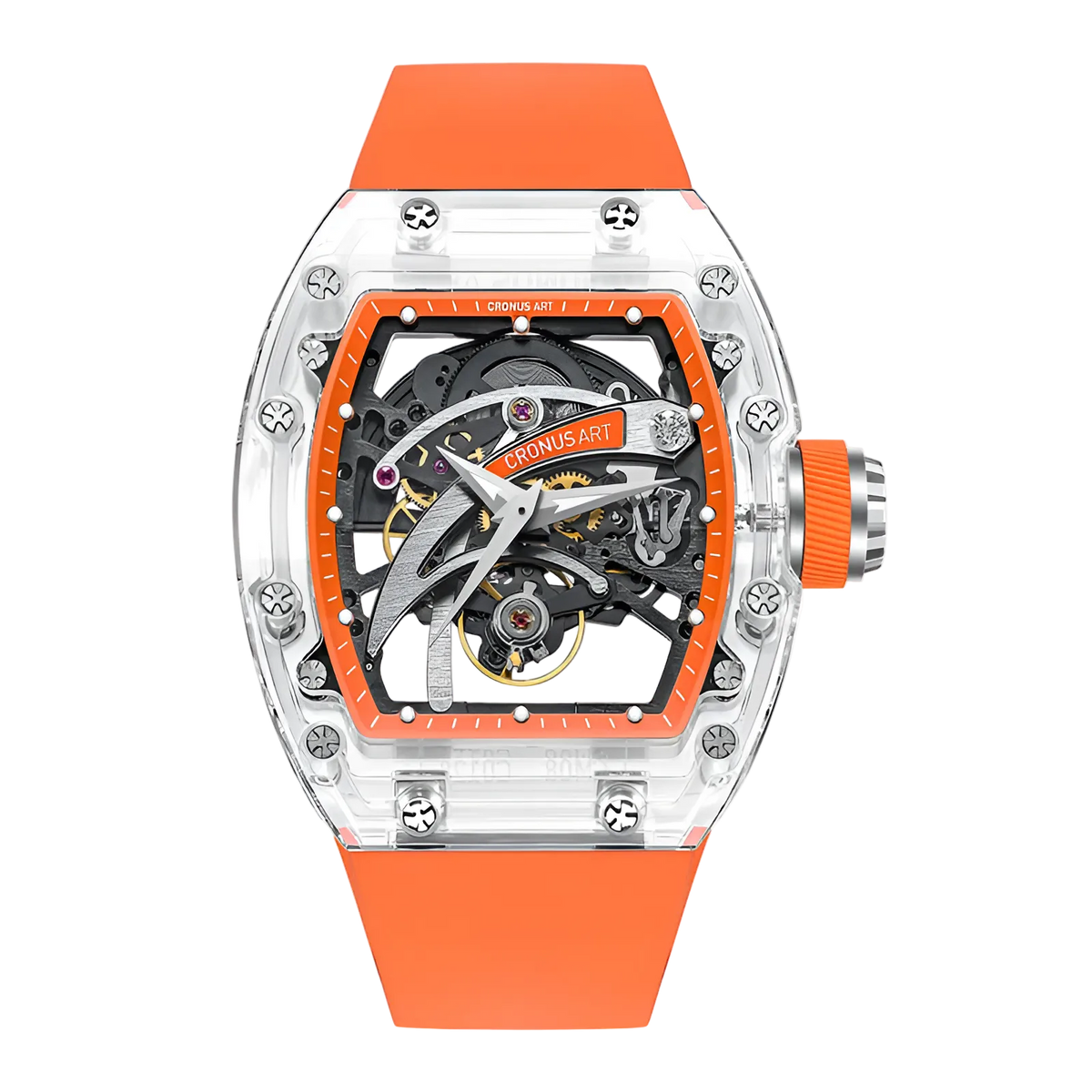 Cronusart CM08-010 - Transparent automatic skeleton watch with blade dial and orange fluororubber strap front view on white background