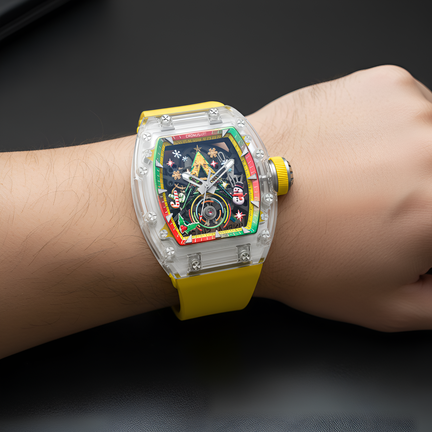 CRONUSART CM001-076 Men’s Automatic Watch – Christmas Skeleton Edition wrist shot Christmas dial