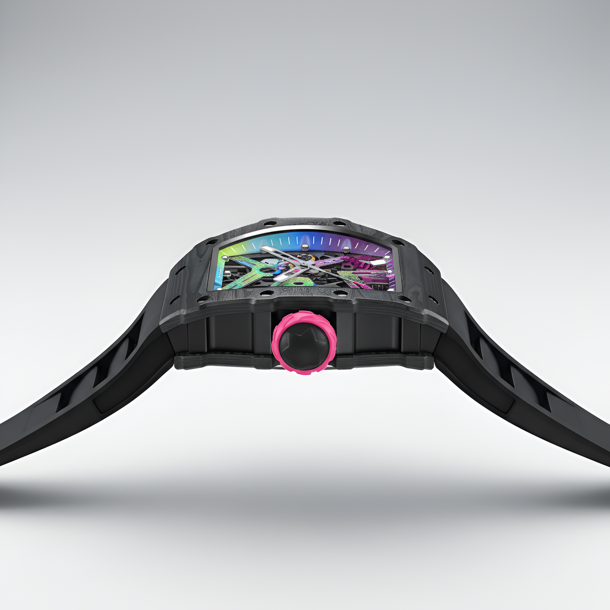 Cronusart CM002-017 Men Automatic Watch - Carbon Fiber side view pink crown