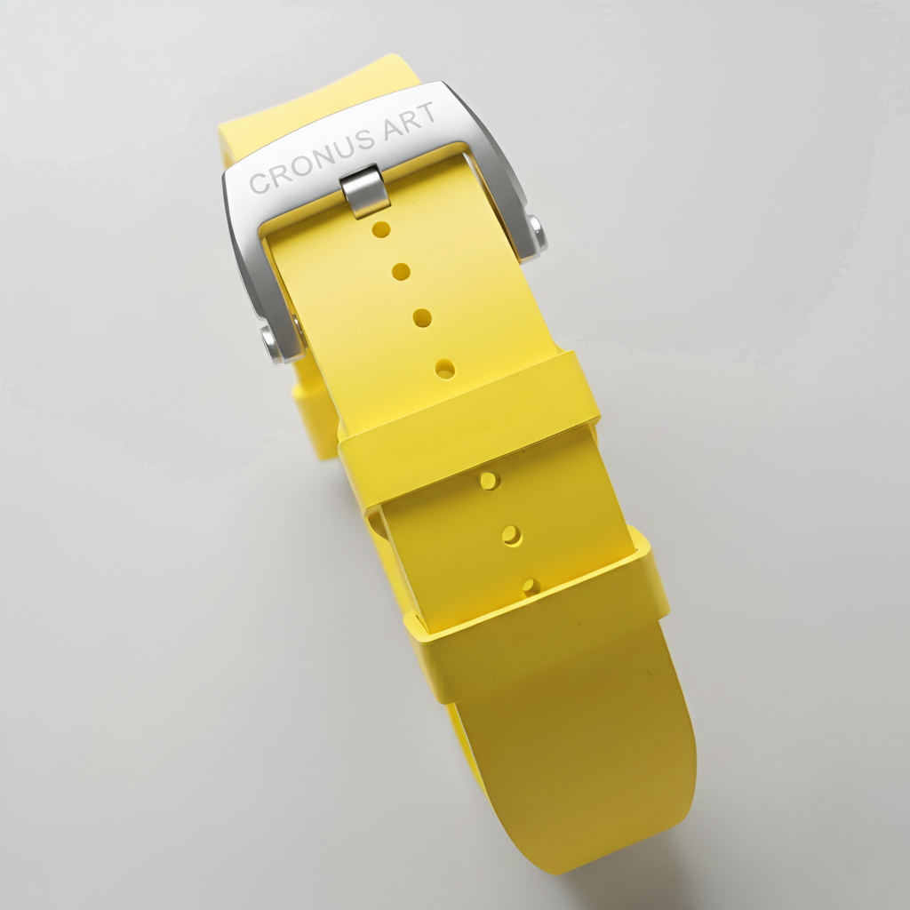 CronusArt CM08-053 Yellow watch strap with silver buckle on a light gray background