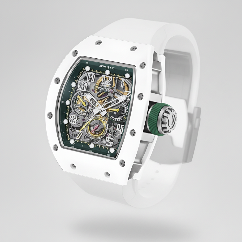 CRONUSART CM09-013 - Men Luxury watch with a white case and green accents on a light gray background