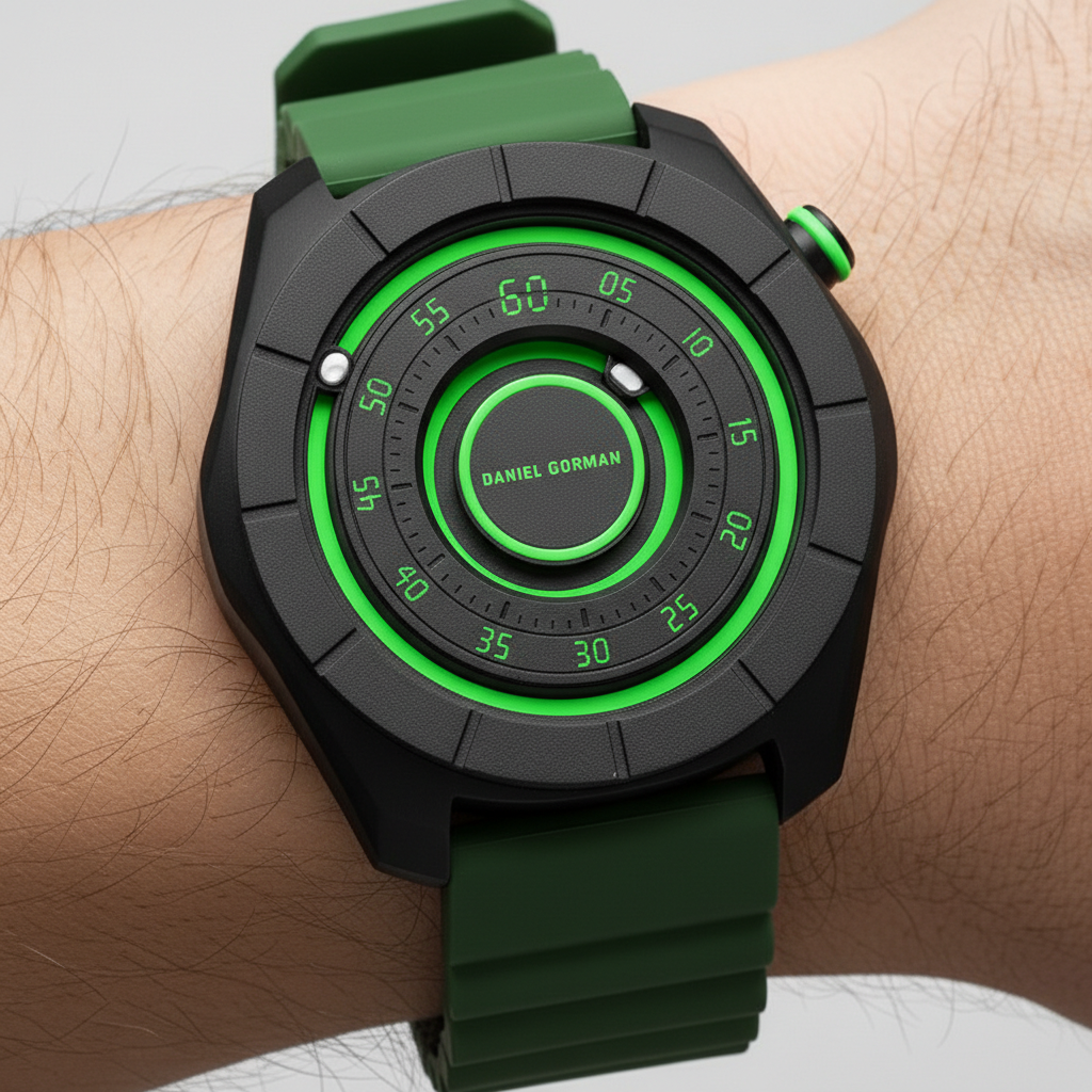 Daniel Gorman Dg0788 - Green and black watch on a wrist with brand name visible