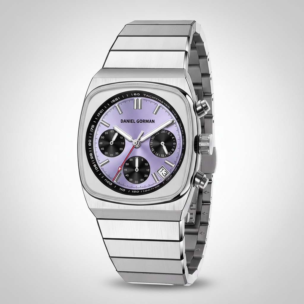 Daniel Gorman DG9008 - silver purple watch angled