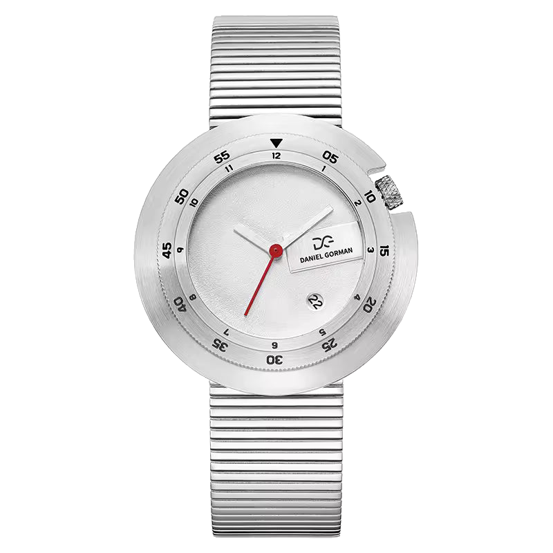 Daniel Gorman DG9317 - Silver watch with a white face and red second hand on a white background