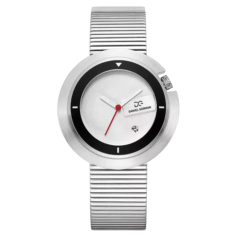 Daniel Gorman DG9317 - Silver watch with a white face and red second hand on a white background