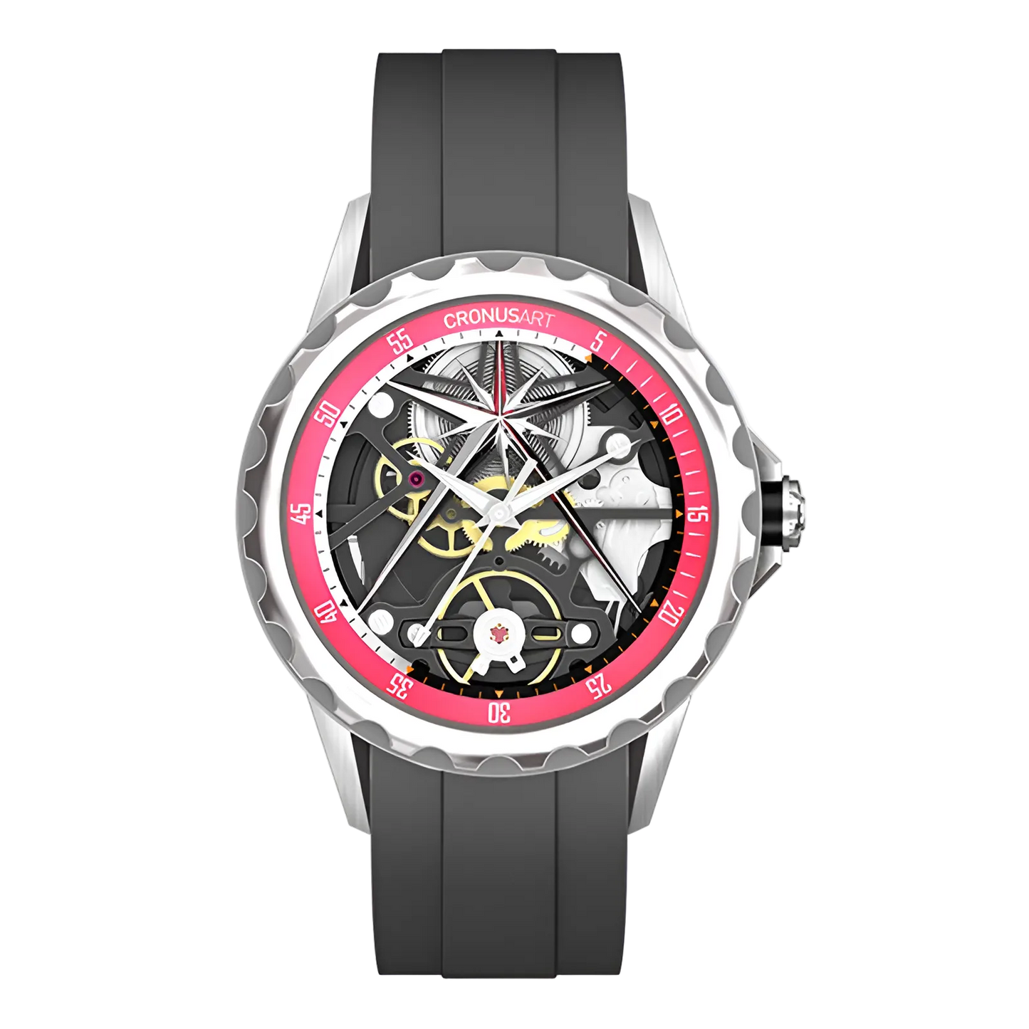 Cronusart CM05-06A - Automatic skeleton watch with black rubber strap and red bezel, hollow out mechanical dial