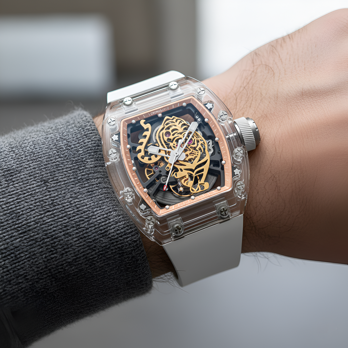 CRONUSART CM001-002 tiger skeleton automatic watch worn on wrist showing oversized tonneau case