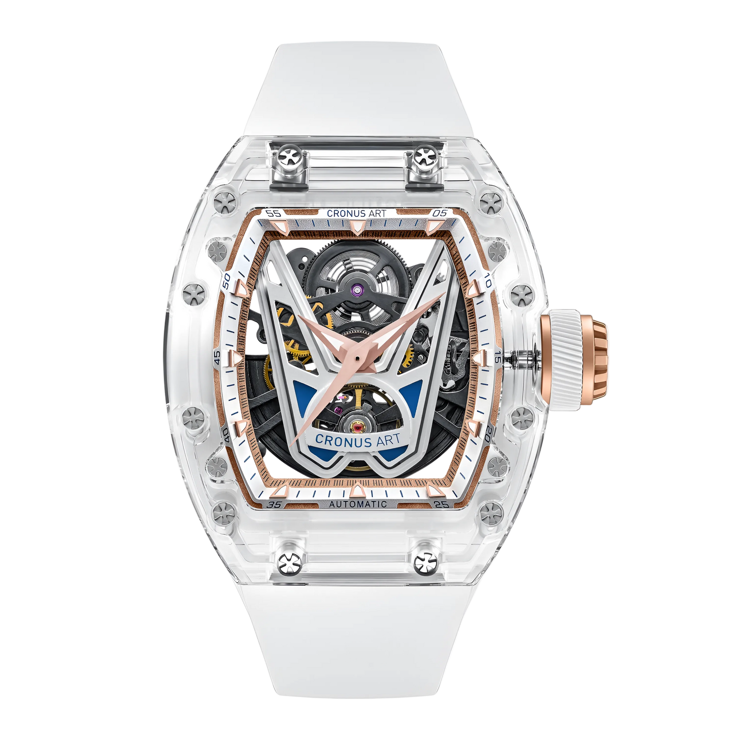 Front view of the CRONUSART CM001-037 automatic skeleton mechanical watch with transparent tonneau case and visible movement