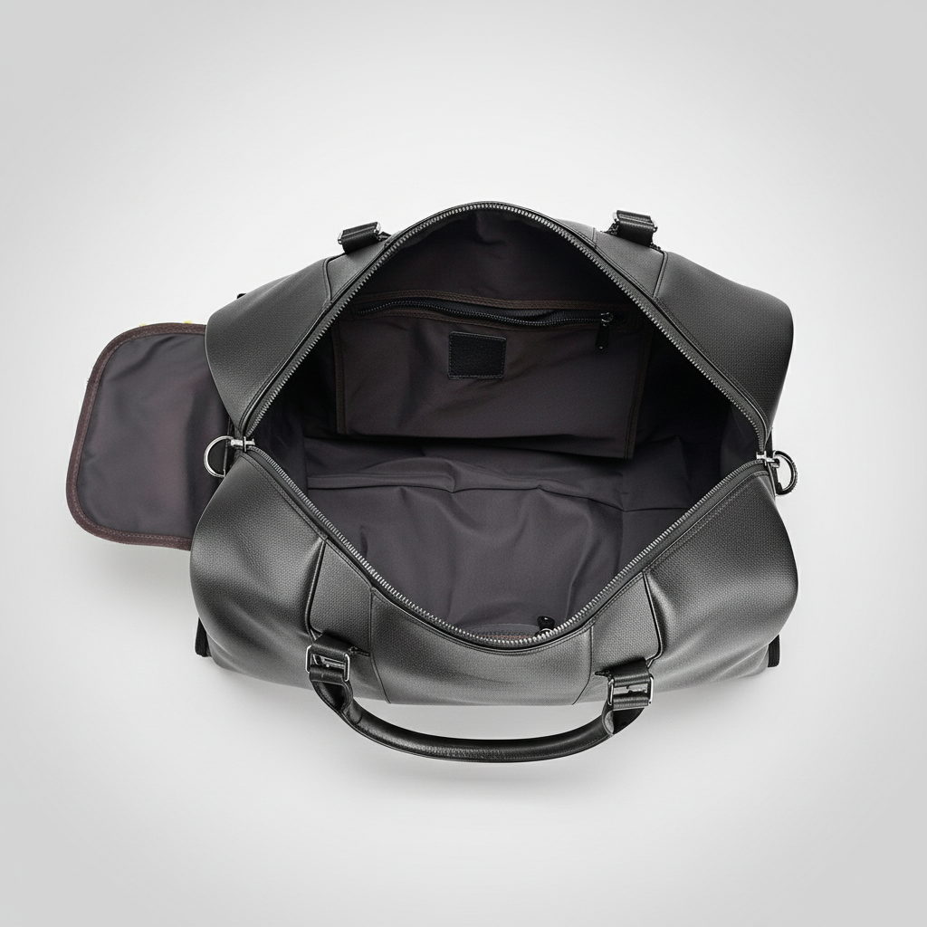 Full-Grain Black Leather Duffle Bag – Men’s Leather Travel Bag – Front Studio View with Zipper Detail