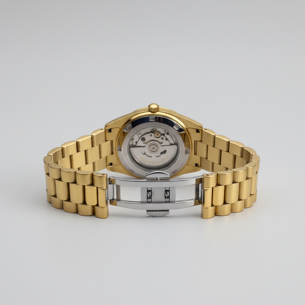 Gold watch with a visible mechanical movement on a light gray background