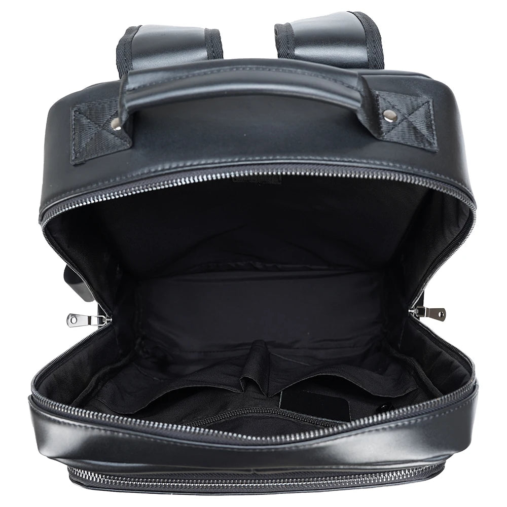 Black Genuine Leather Laptop Backpack — open main compartment, empty