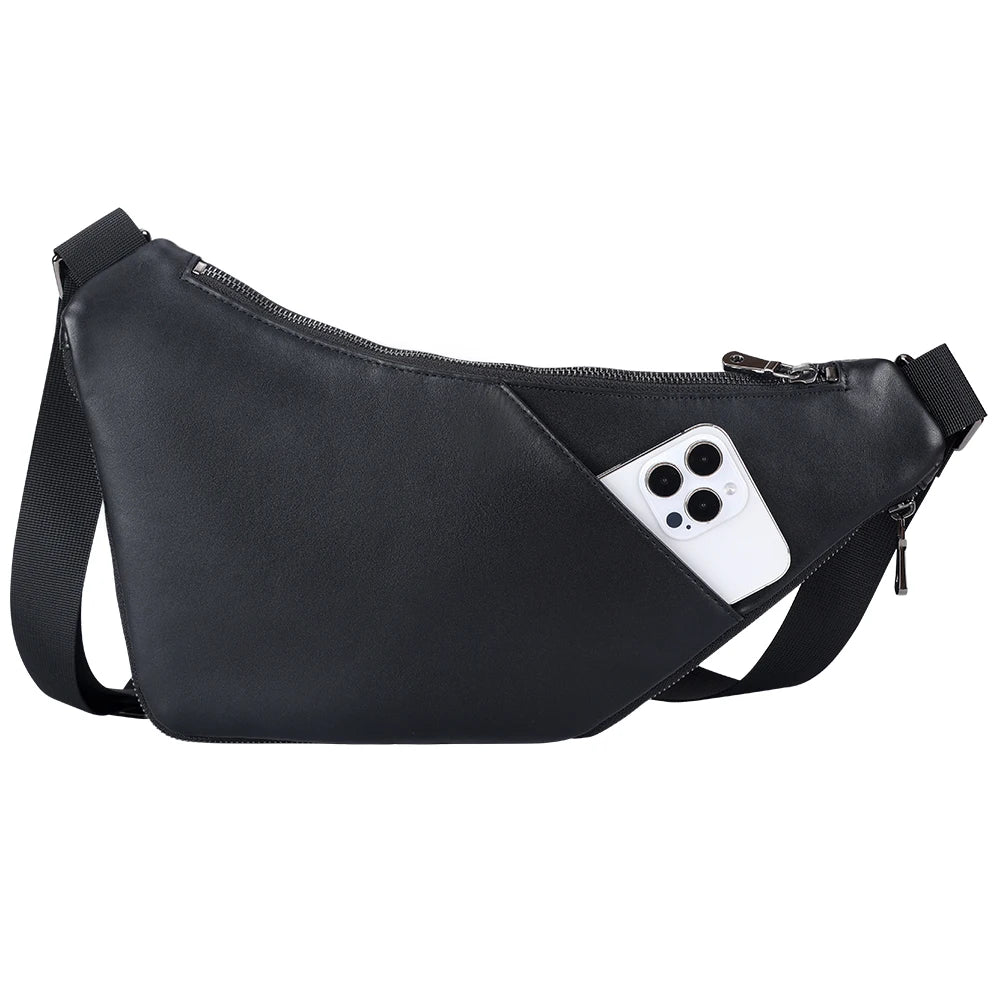 Men's Premium Matte Leather Sling Bag — back view with a phone in the rear pocket