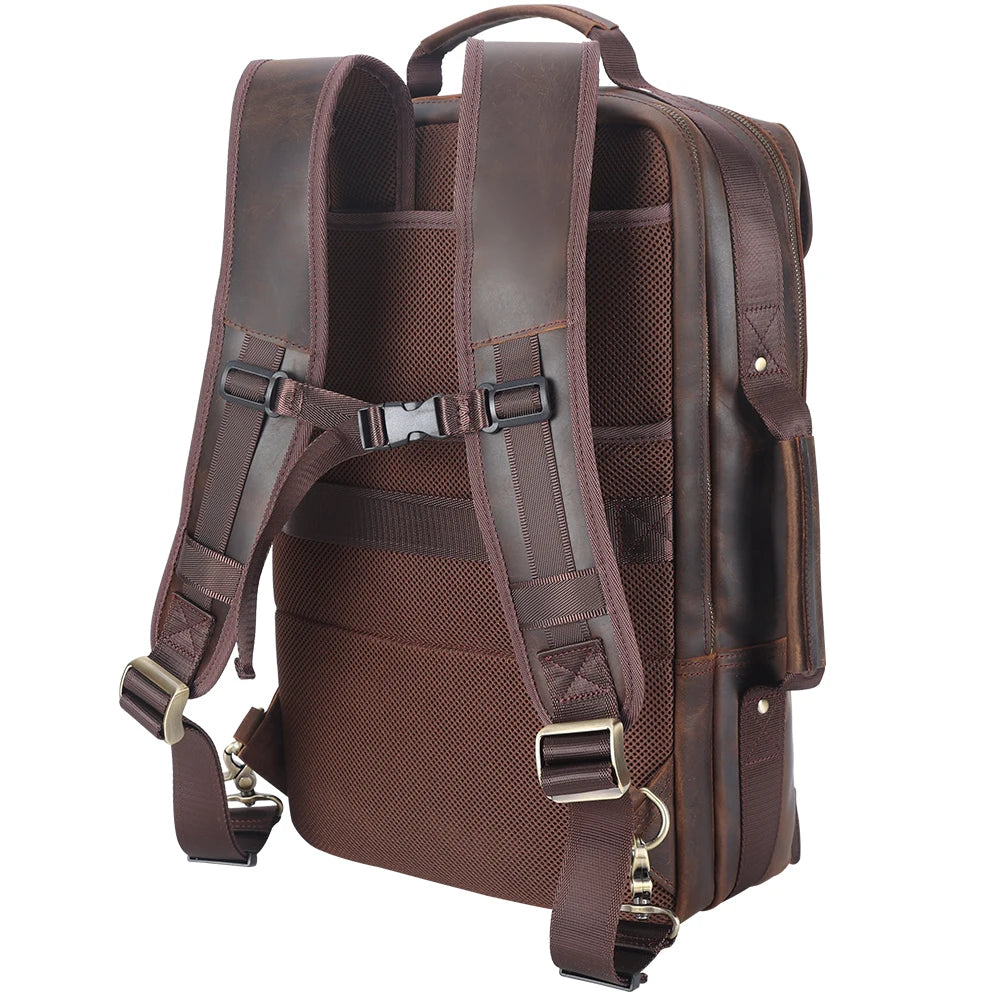 Vintage Leather Adventure Rucksack — back panel with shoulder straps and chest strap