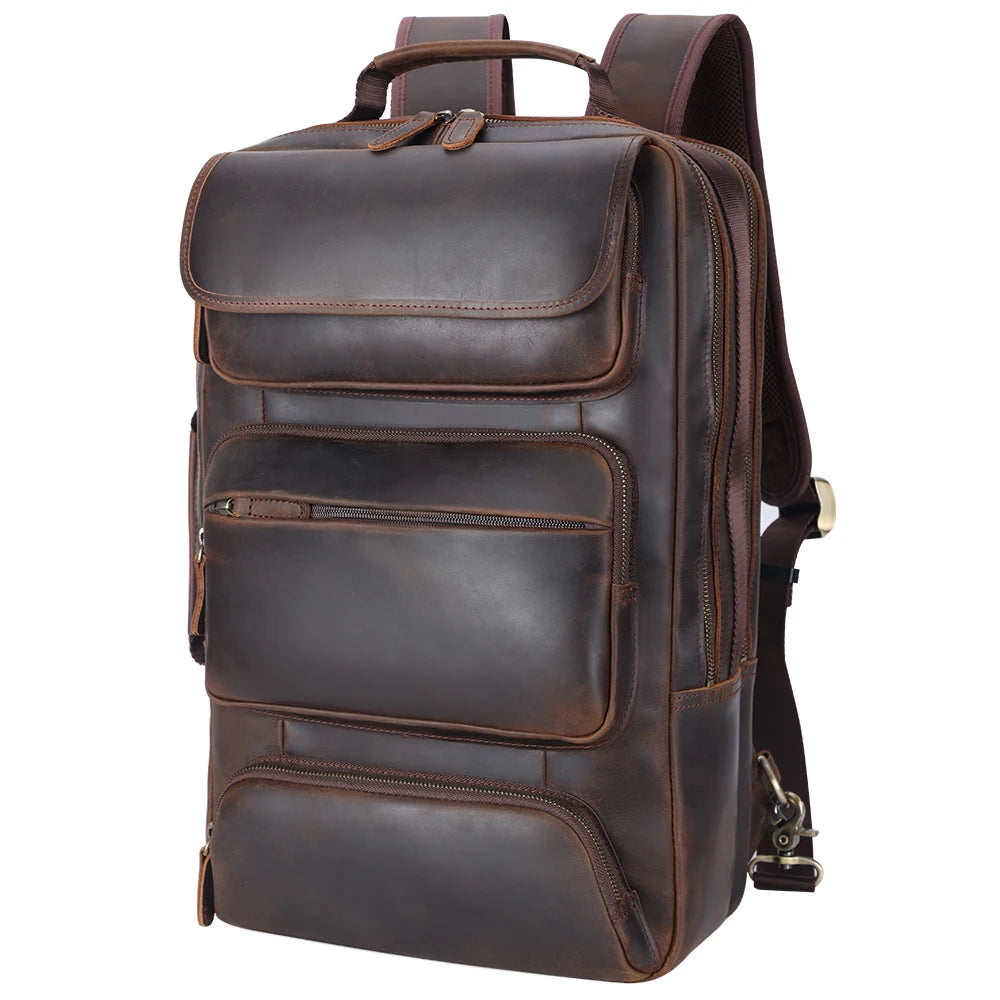 Vintage Leather Adventure Rucksack — three-quarter front view with side hardware