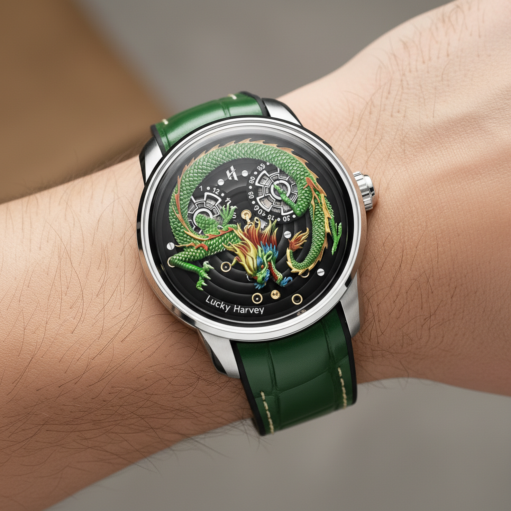 Lucky Harvey ZLS202 - Aut - on wrist, green dragon