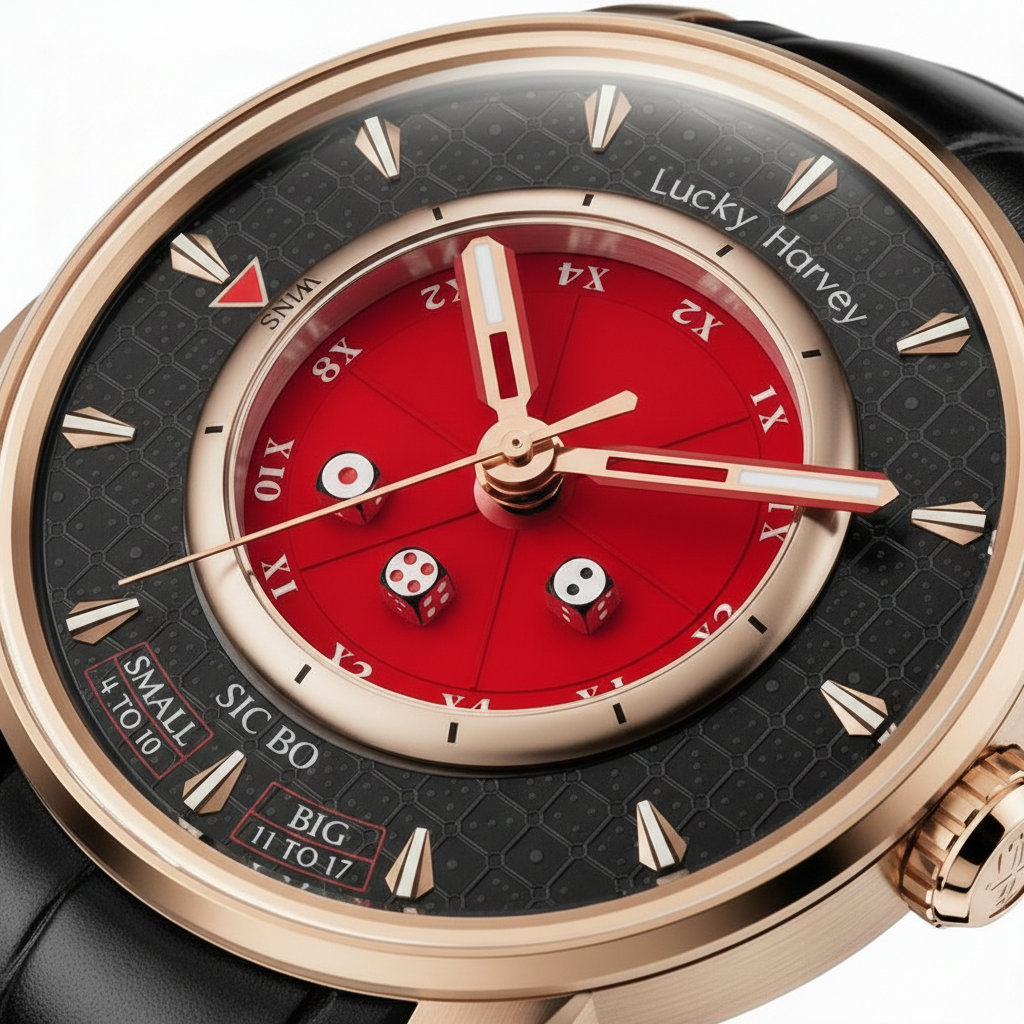 Lucky Harvey - Dice Dial - red dial, close up