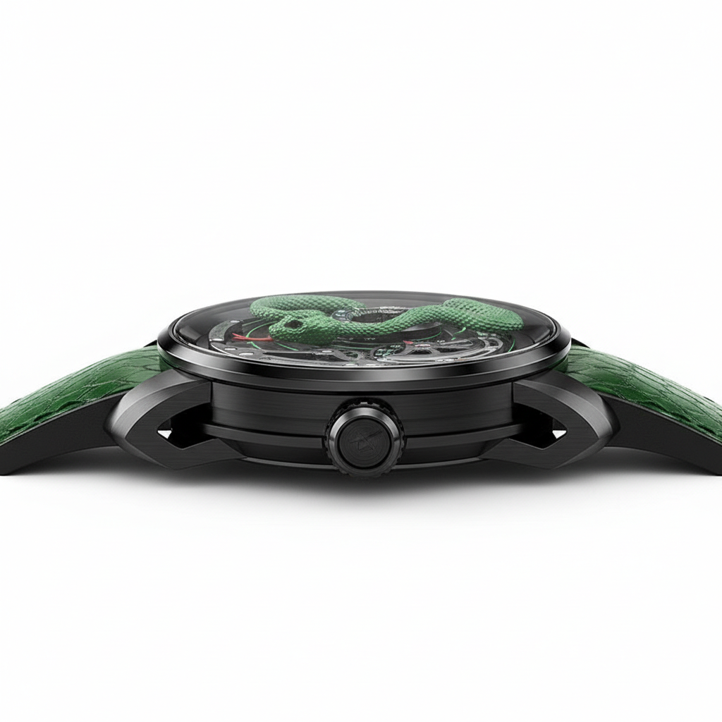 Lucky Harvey 3D Snake - A - watch side view, black case