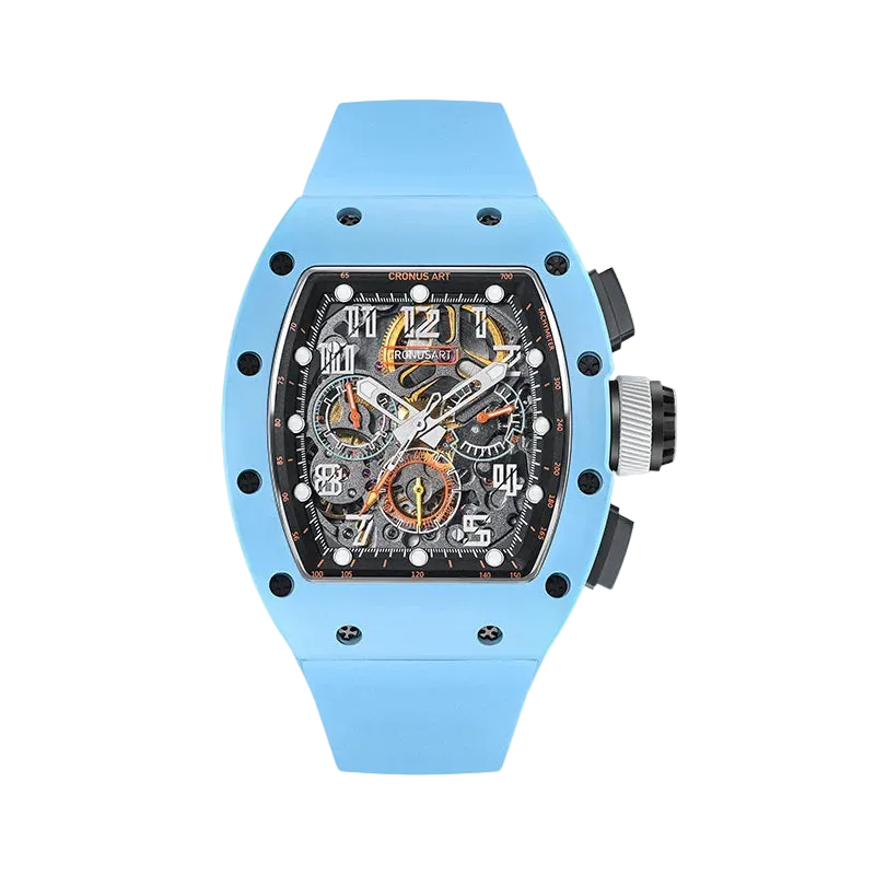 Luxury watch with a blue case and black dial on a white background