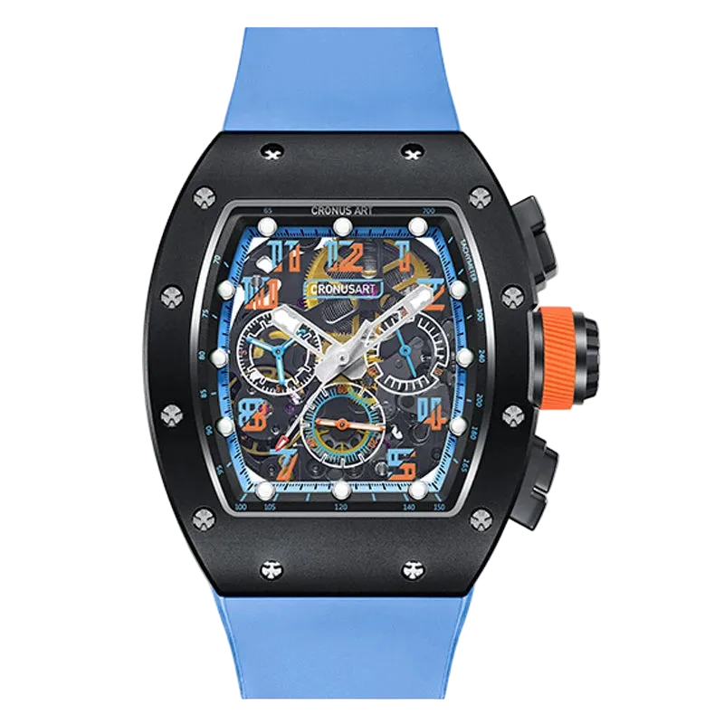 Luxury watch with a blue strap and colorful face on a white background