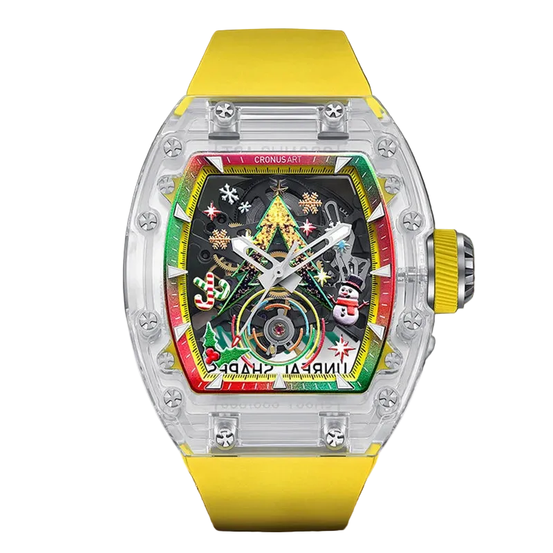 Luxury watch with a colorful face and yellow strap on a wooden surface with a blurred snowy background