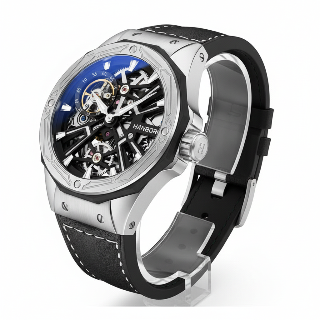 Luxury watch with black strap and blue face on a white background