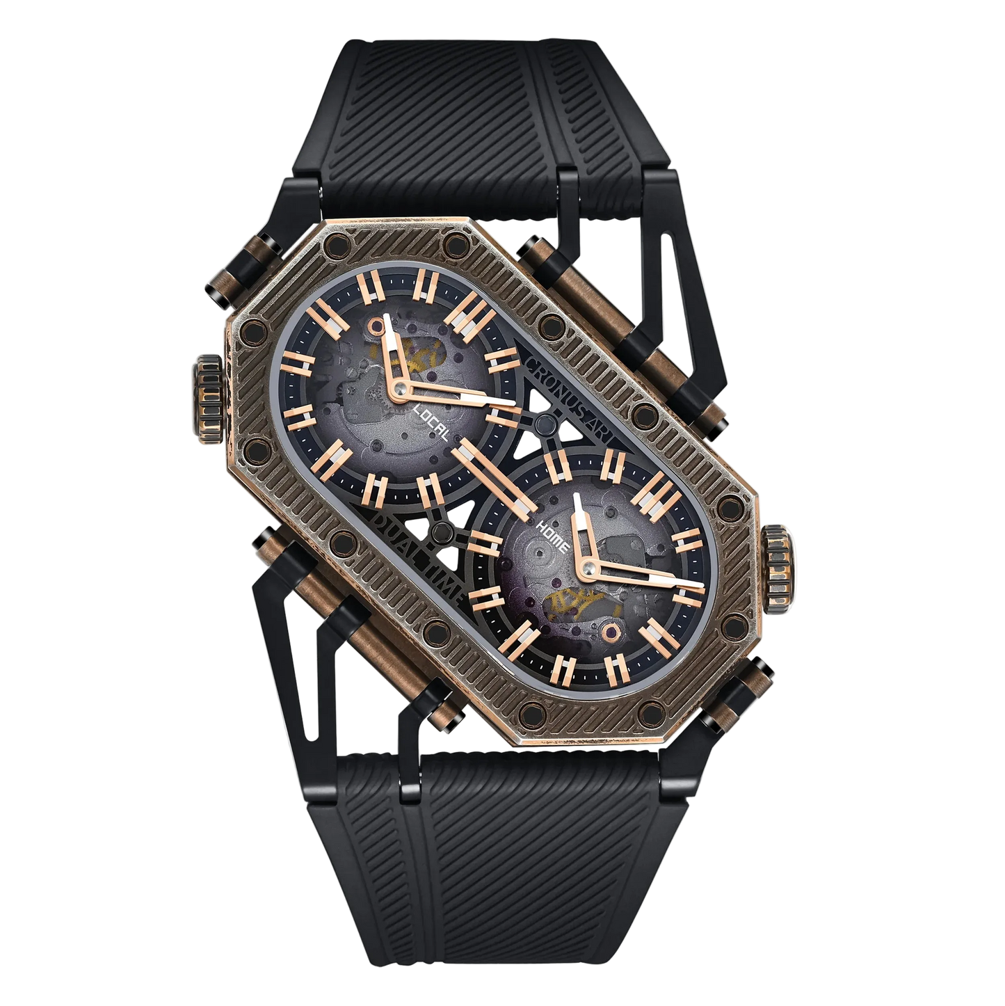 Luxury watch with black strap and bronze detailed face on white background