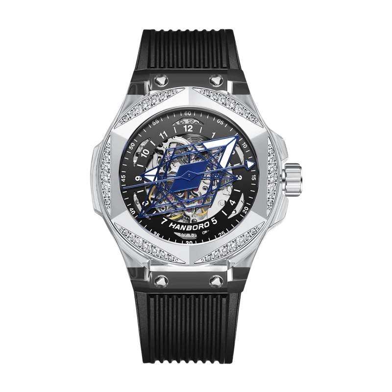 HANBORO 996-1 - Mechanica - silver case, black dial, blue skeleton