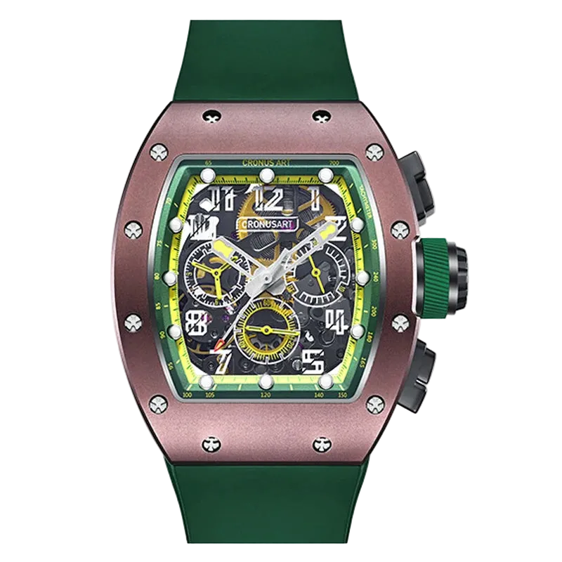 Luxury watch with green strap and detailed face on a white background
