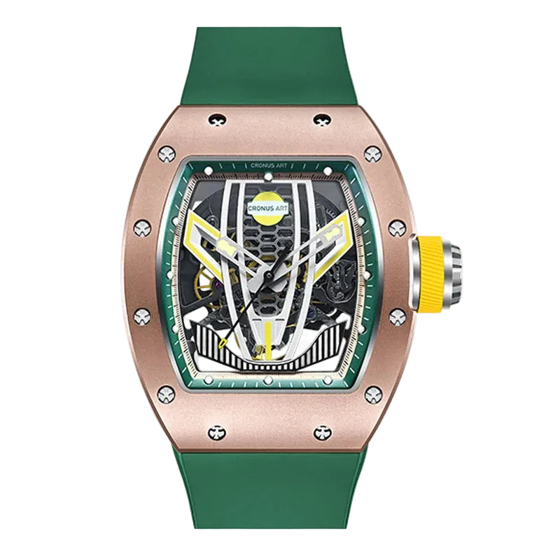 Luxury watch with green strap and rose gold case on a white background